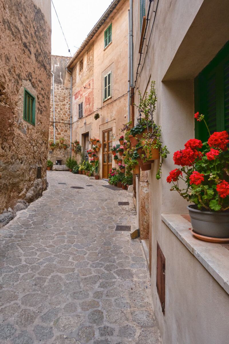 Schmale, gepflasterte Gasse mit blühenden Blumen in Töpfen an den Wänden eines mediterranen Dorfes.