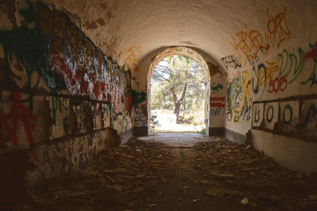 Verlassener Tunnel mit Graffiti an den Wänden, Blick auf einen Baum durch den Ausgang bei Tageslicht.