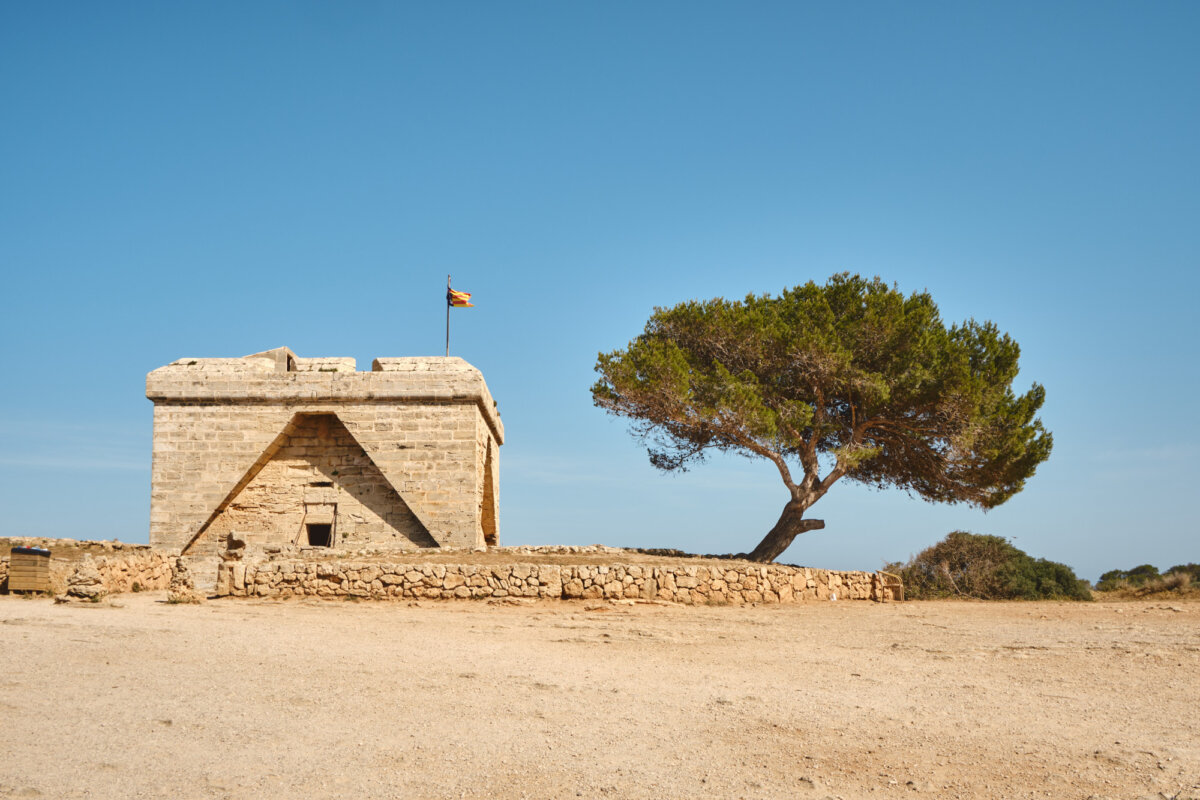 Steinbauwerk mit Flagge neben Baum unter blauem Himmel in wüstenartiger Landschaft.