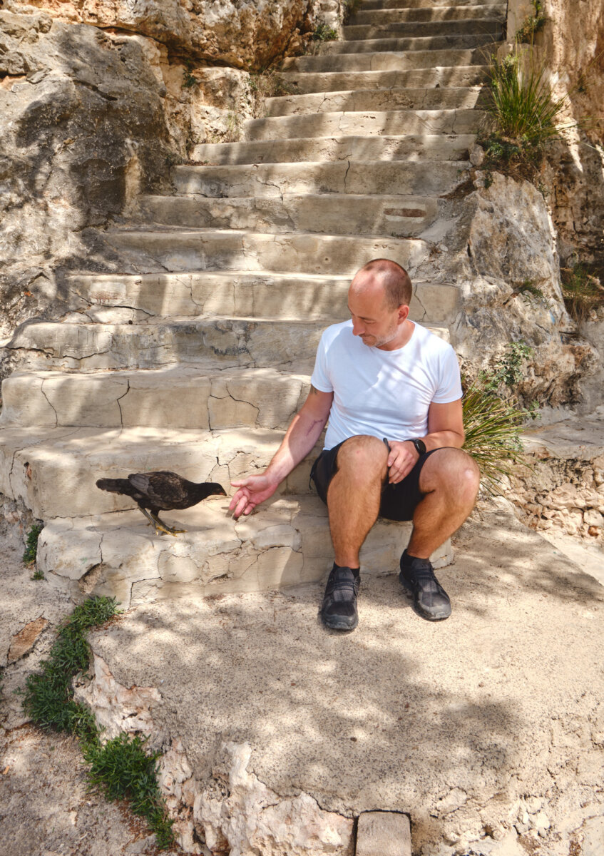Mann sitzt auf Steinstufen und füttert einen Vogel im Freien, umgeben von natürlicher Felskulisse.