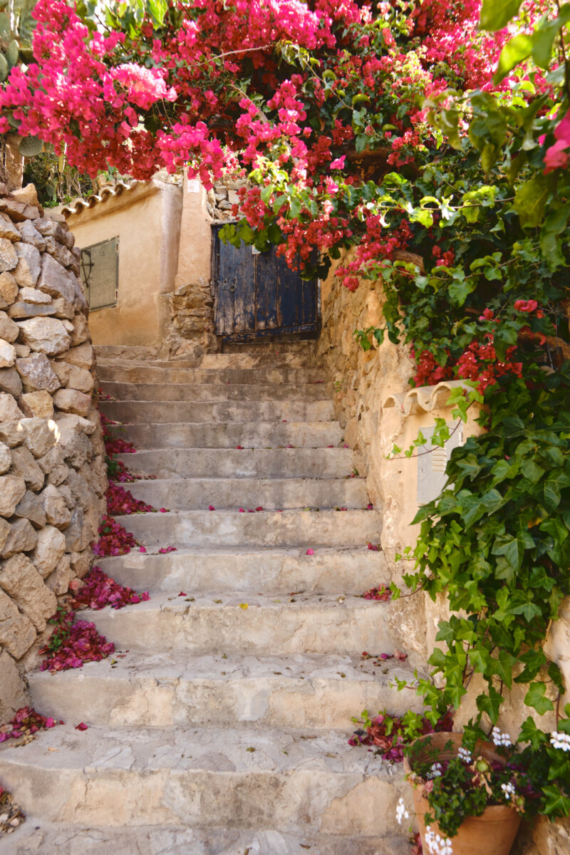 Steintreppe mit blühenden Bougainvilleen und alten Mauern, führt zu einer blauen Holztür in mediterraner Umgebung.