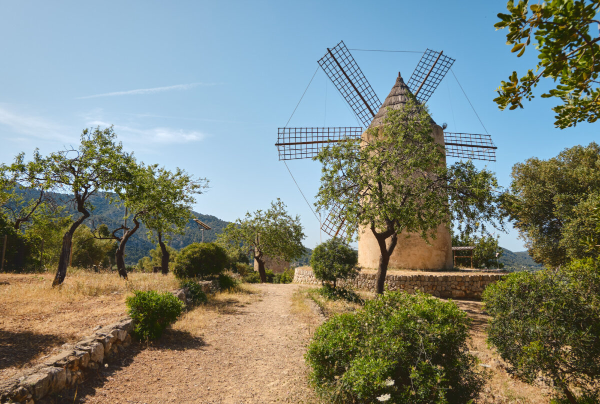 Steinwindmühle bei klarem Himmel, umgeben von grünen Bäumen und Hügeln. Pfad führt zur Mühle.