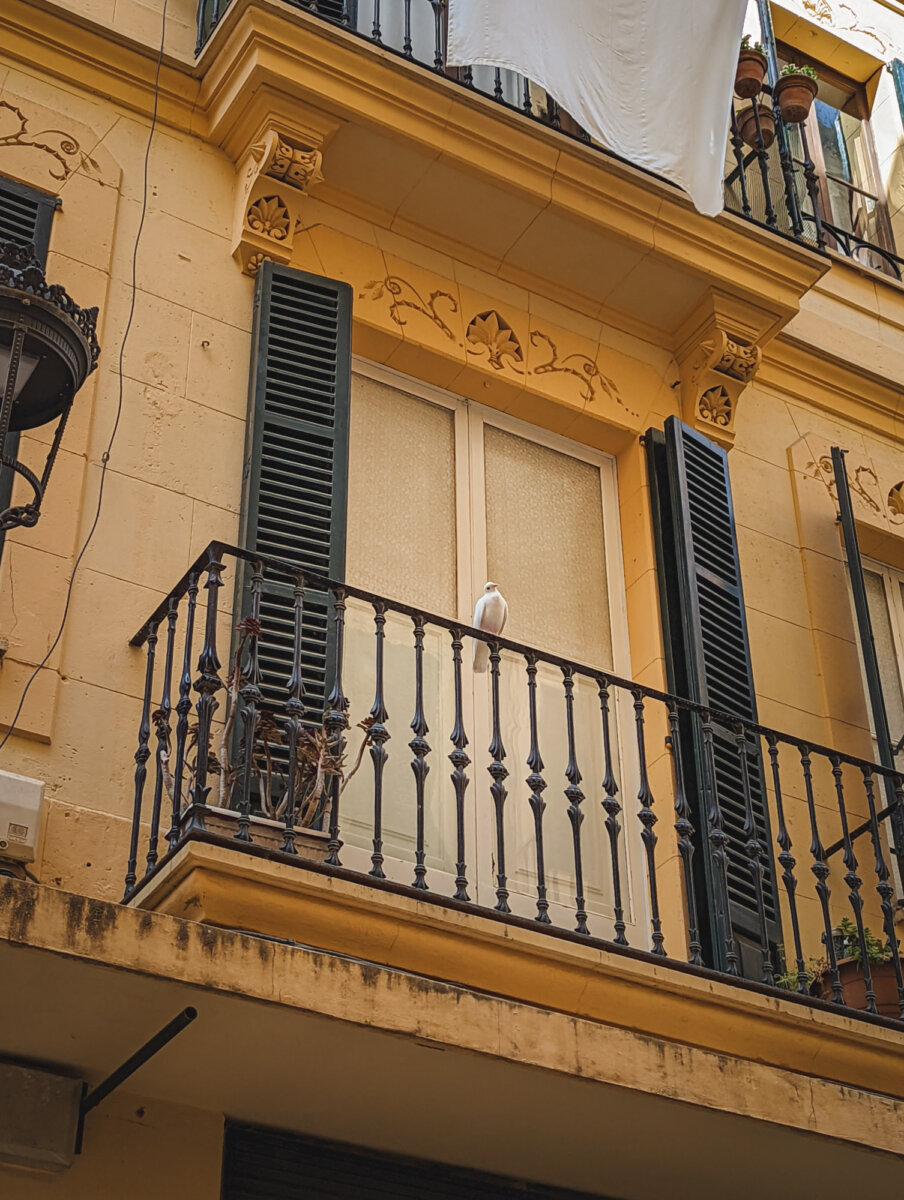Balkon einer gelben Fassade mit schwarzem Geländer, geschlossenem Fenster und weißem Tuch darüber.